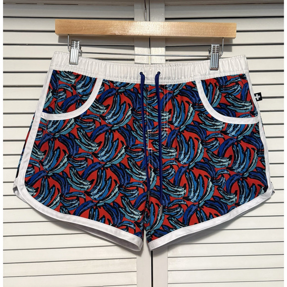 Andrew Christian SIZE LARGE 3" Lined SwimShorts Banana Print Red Blue Trunks Men - Picture 1 of 12